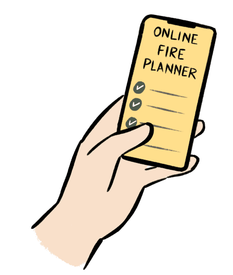 Hand holding mobile phone that says Fire planner